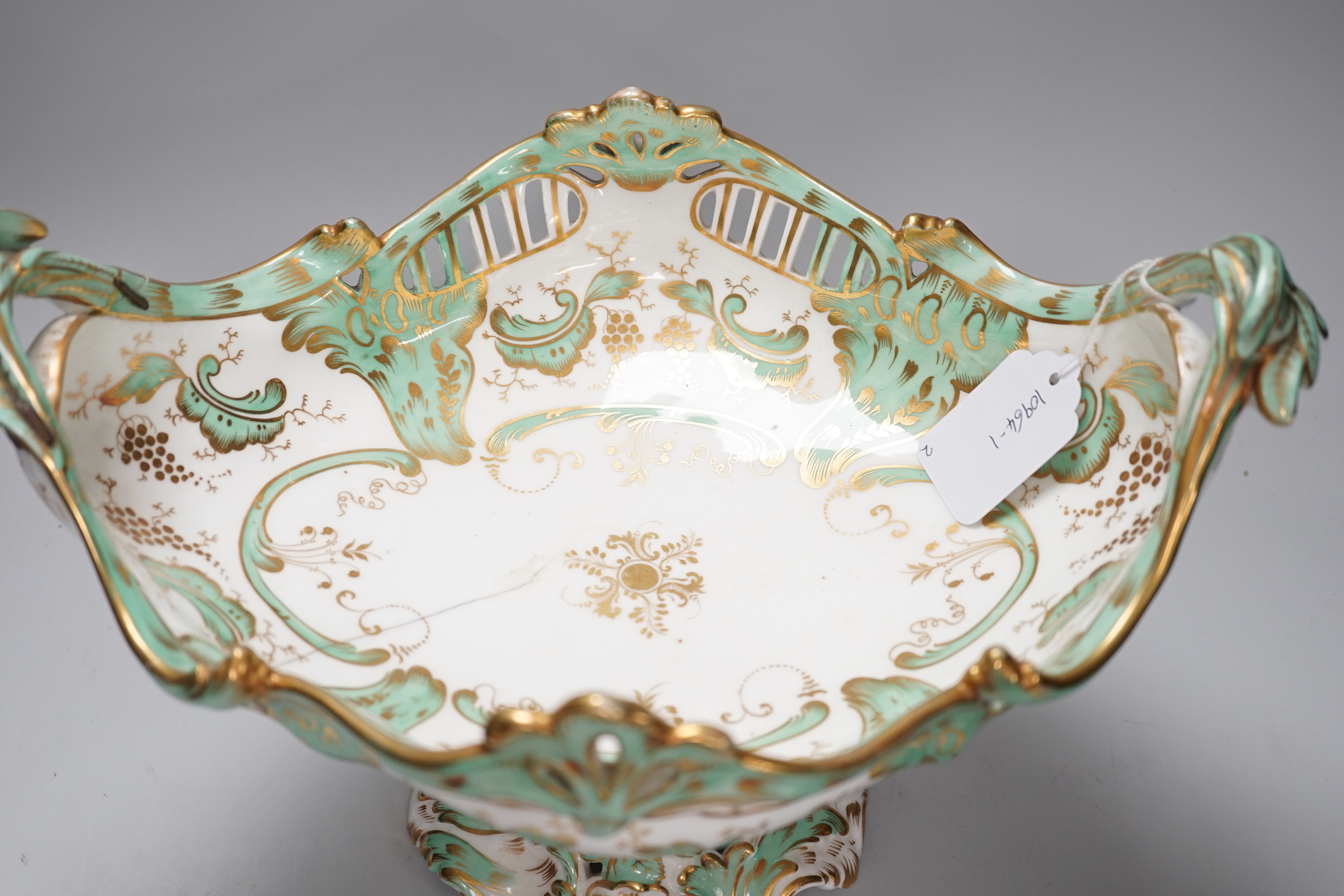 A Coalport tureen, similar ladle and a Victorian pedestal bowl or centrepiece, the largest 35cm wide